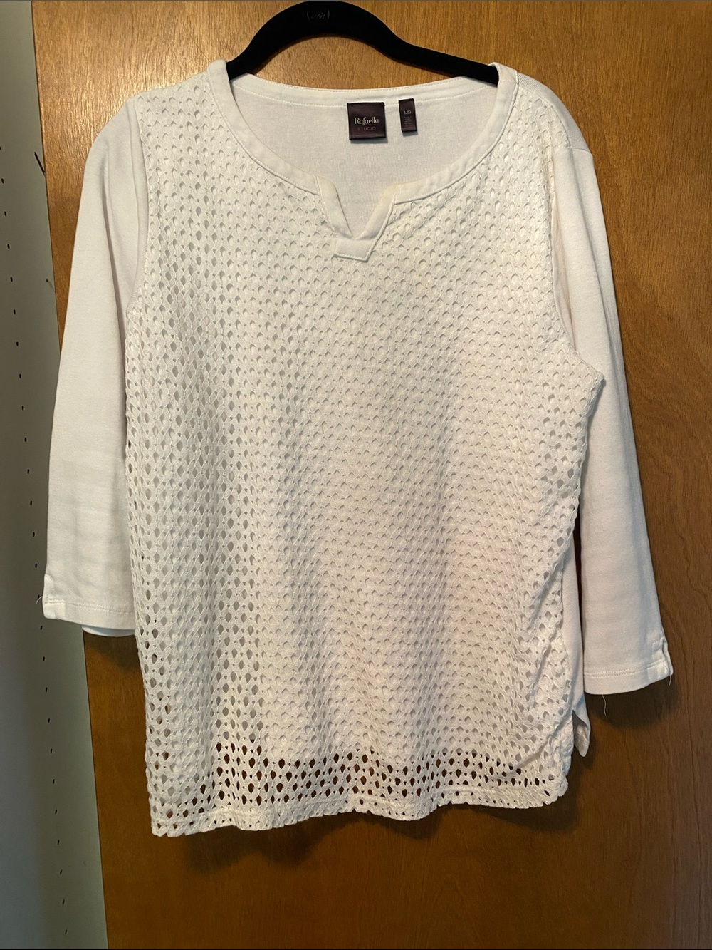 Rafaella White Crochet-Front 3/4 Sleeve Knit Top